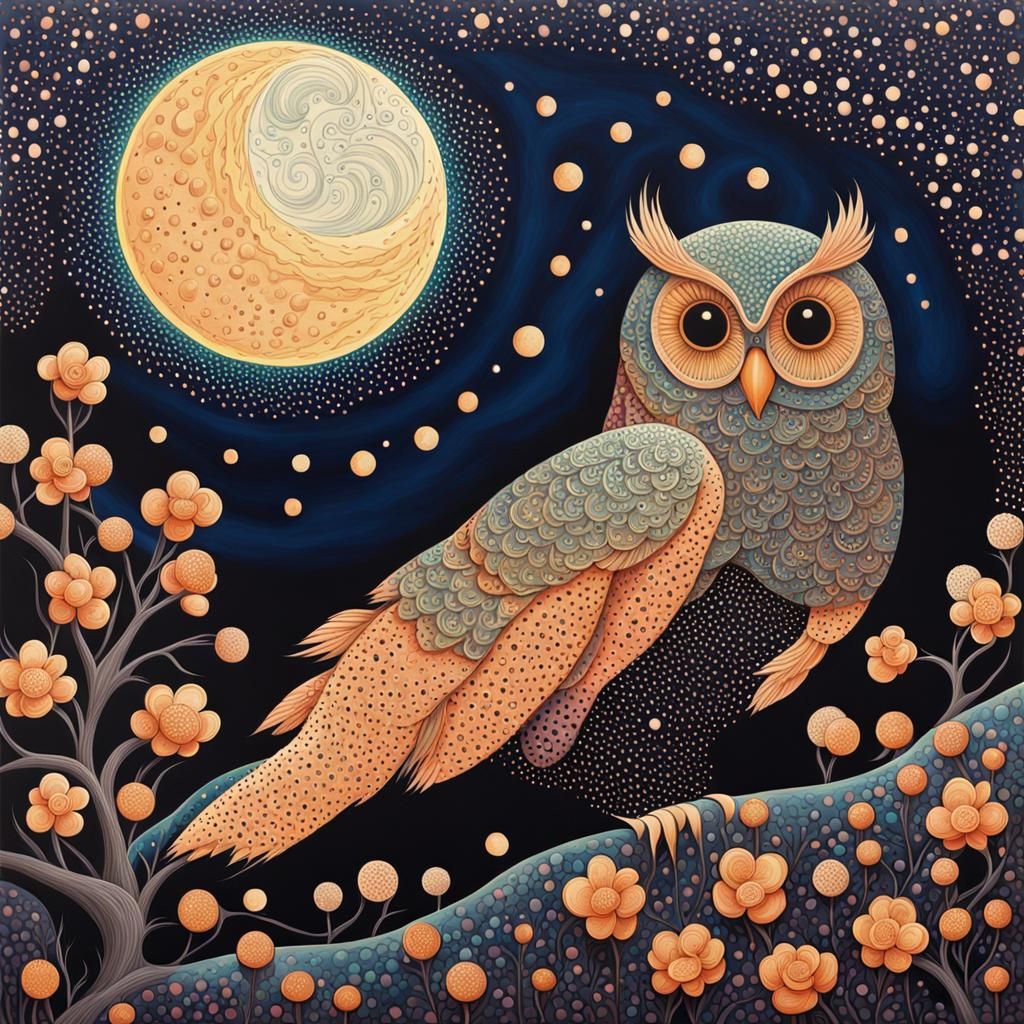 Owl and Moon (Modern Dot Art)