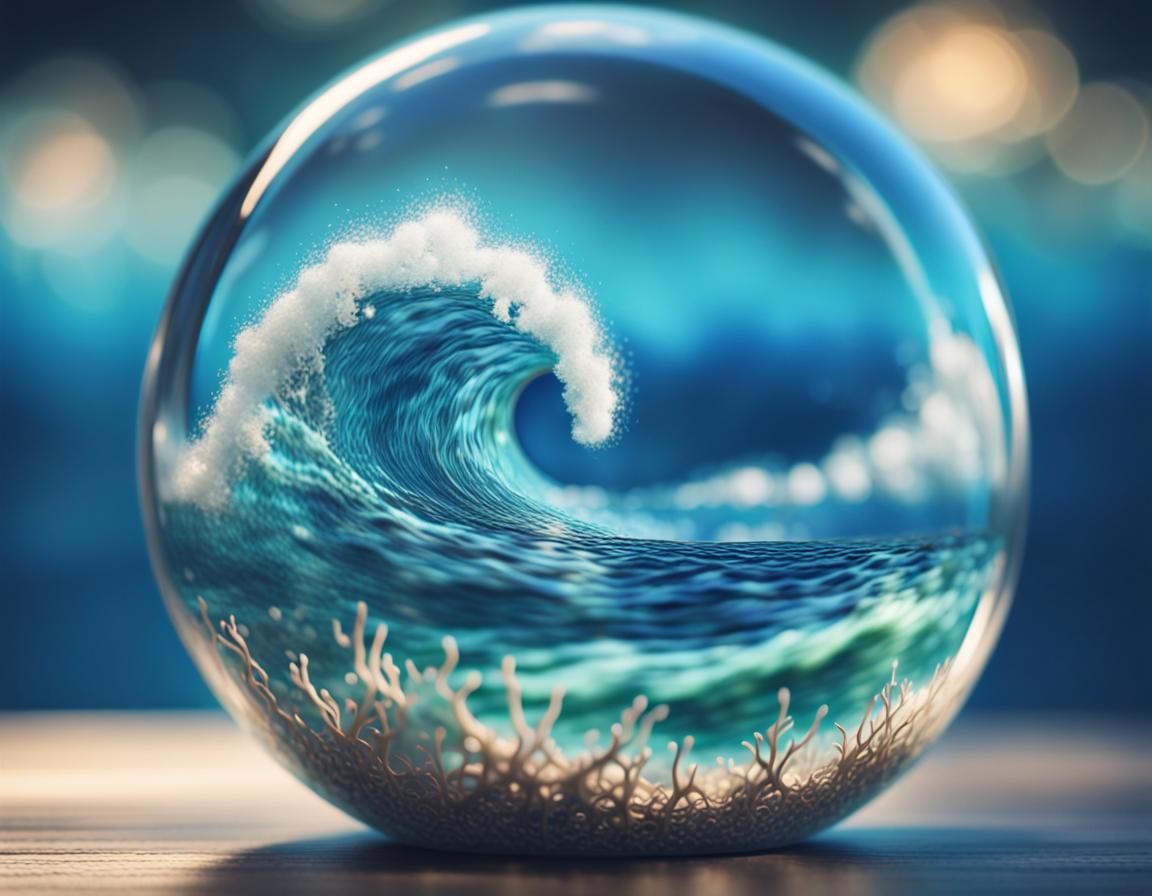 Spherical Terrarium filled with the a big ocean wave