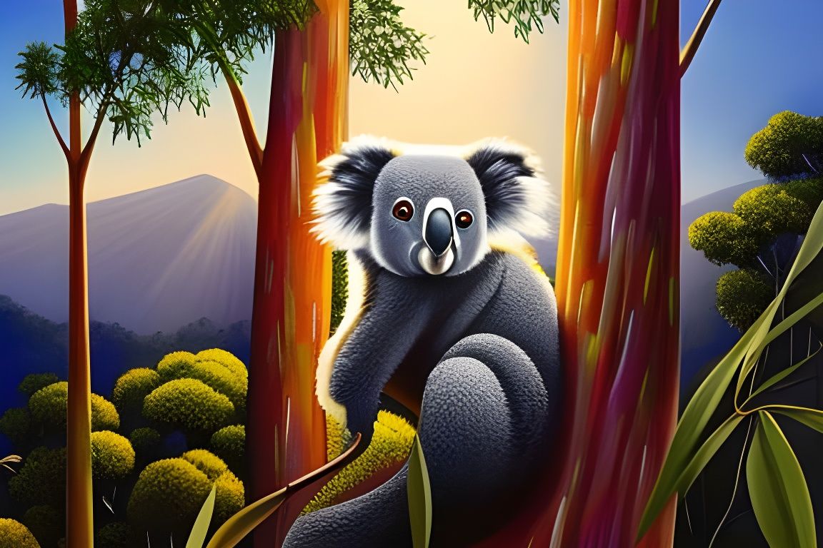 a cute koala climbing eucalyptus-tree in Australian Rainforest gouache detailed painting  beautiful colorful ...  by @Christine Gauthier