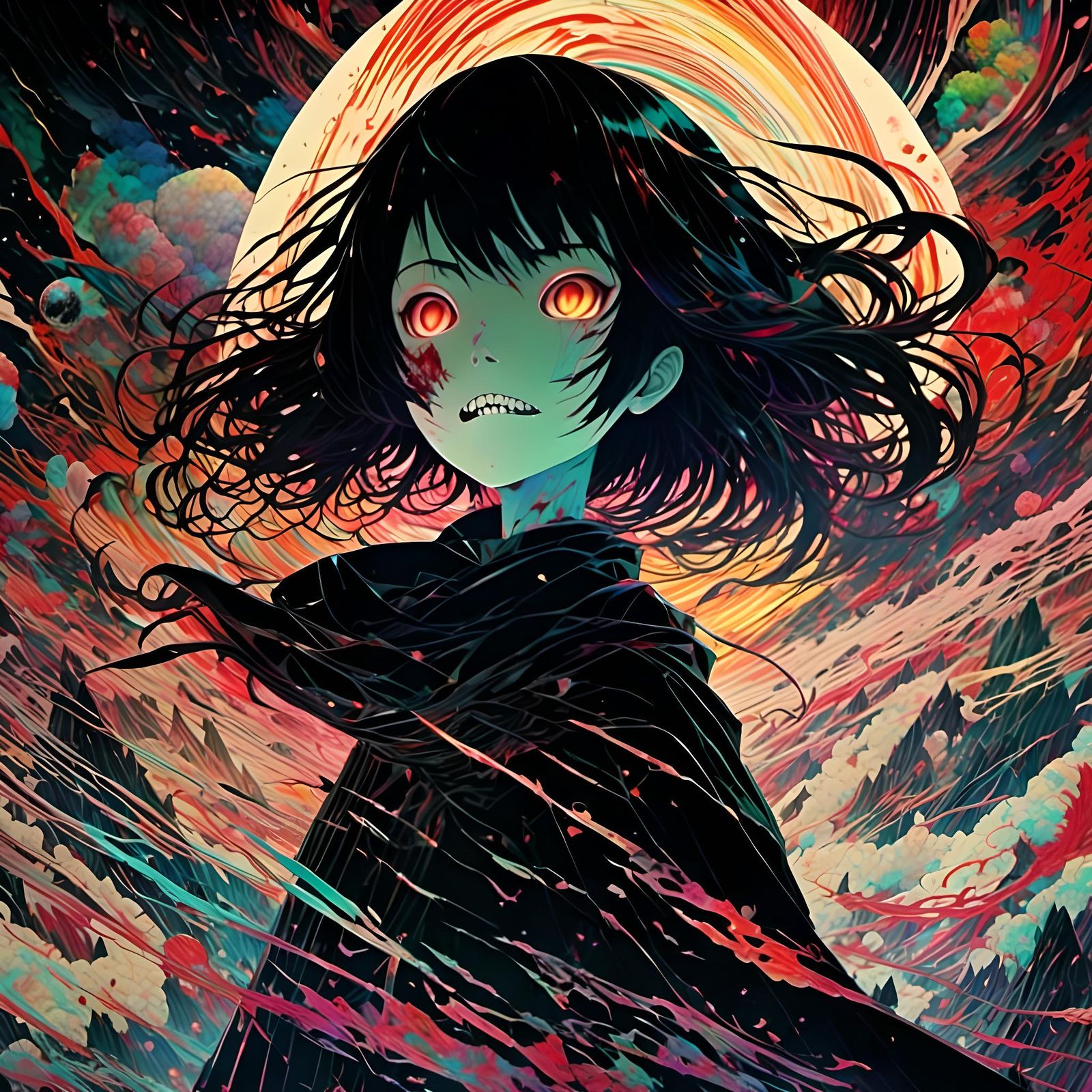 <lora:Barf:1.2> bold teeth decorations, banshee kill la kill very macabre dark absurd ghostly cape dynamic motion alien planet scenery, sil...