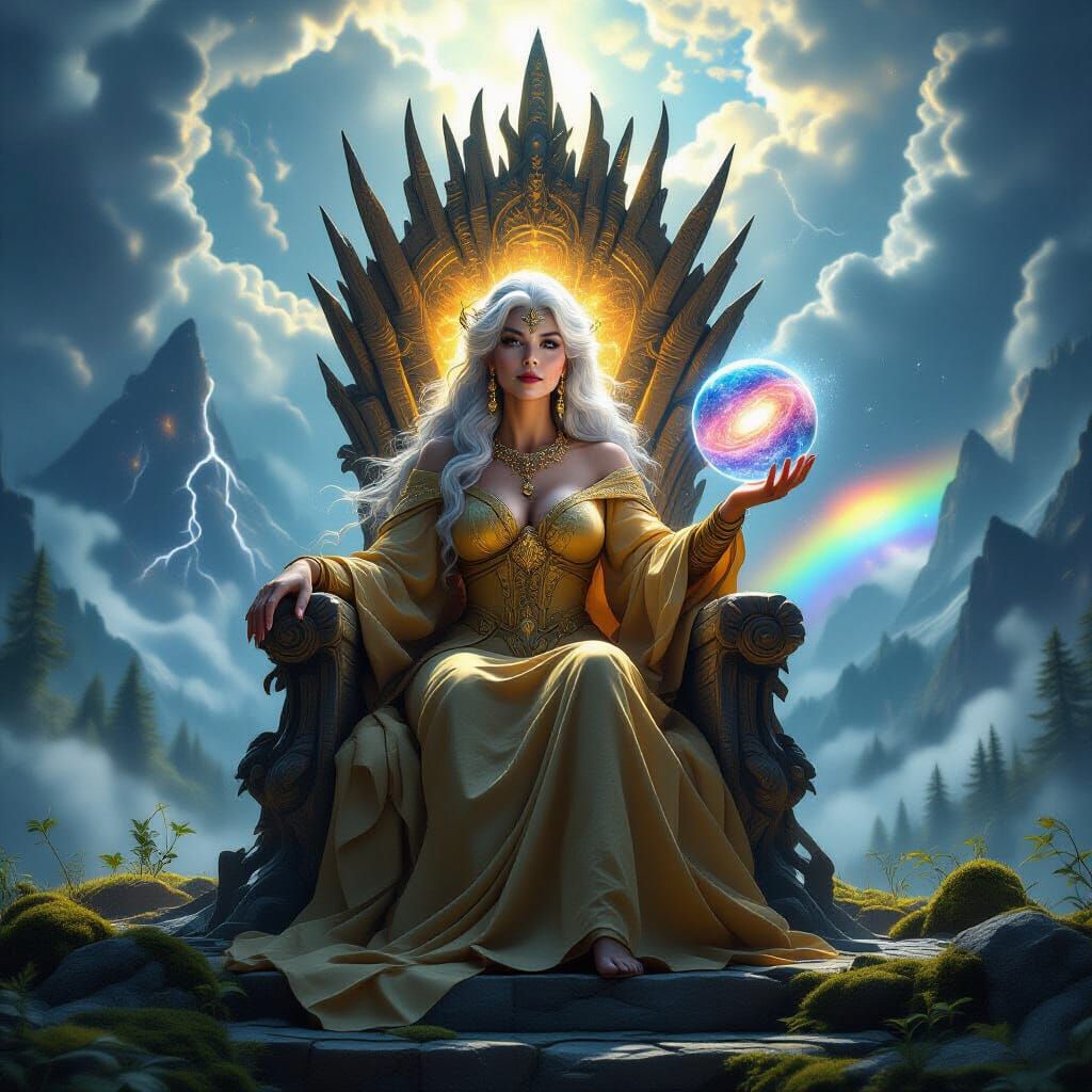 Wise, ancient woman seated on a throne carved from starlight