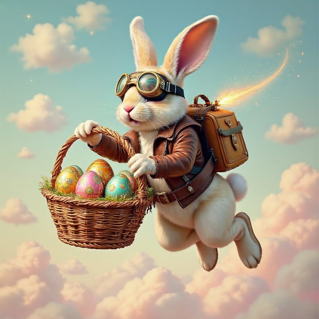 Easter bunny spreading easter eggs from a large basket.  by @Eto Demerzel