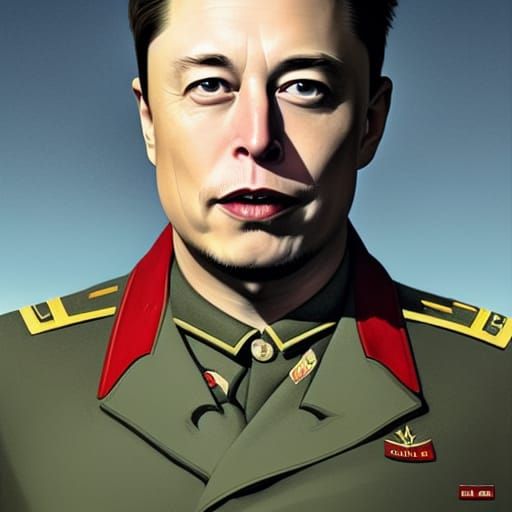 Cold war-era Elon Musk in soviet military uniform, background flag of
