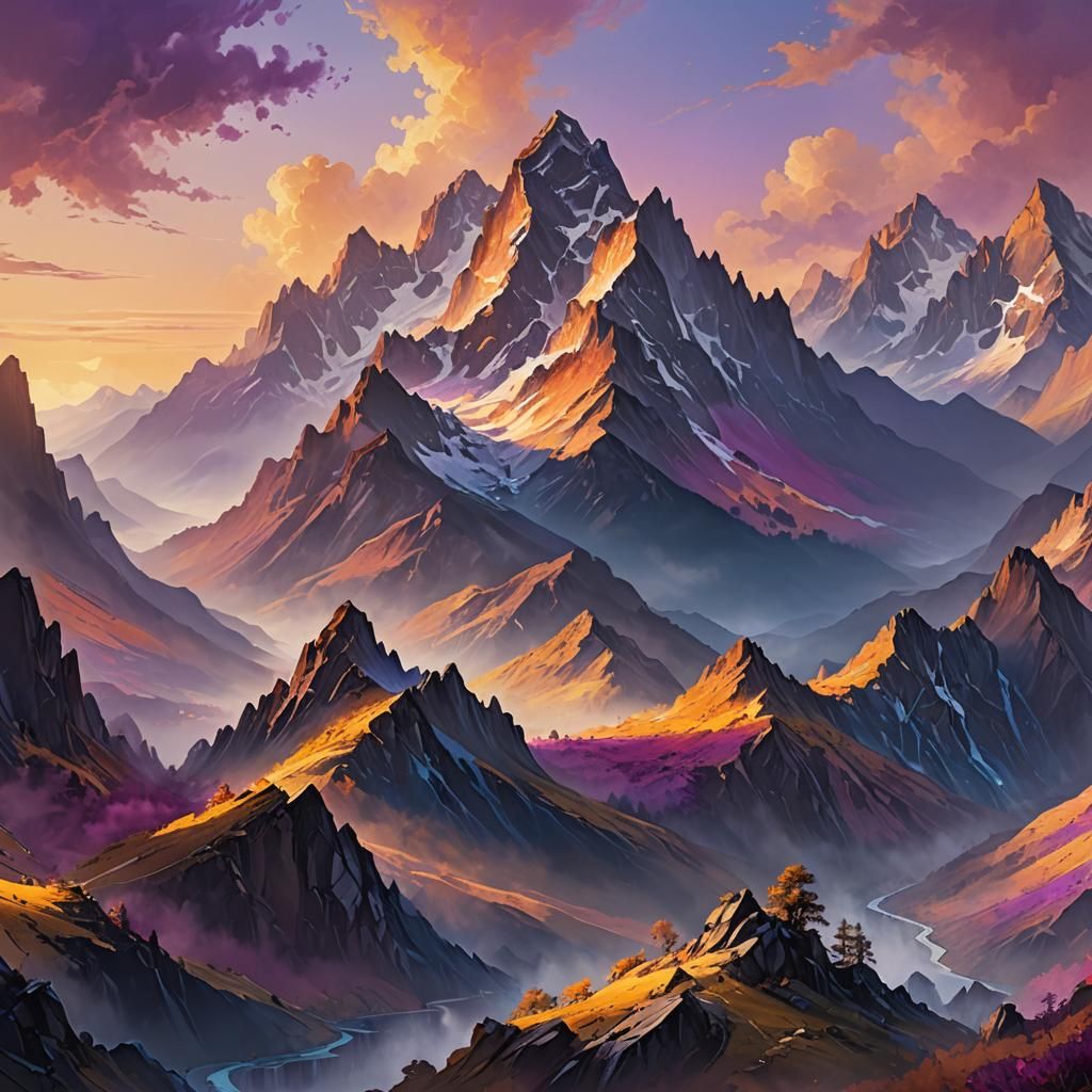 Mountain Range at Dawn in Oil Painting Style
