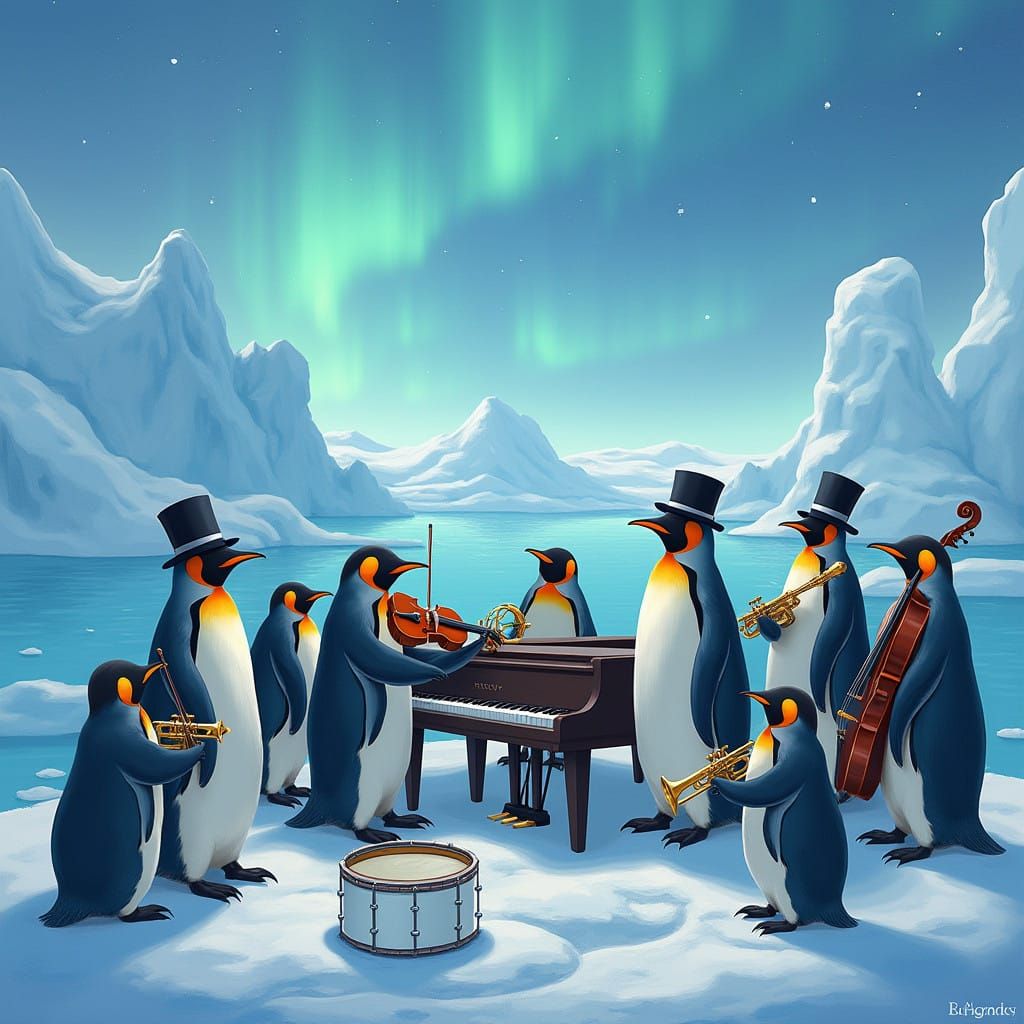 Penguins in Formal Attire Play Musical Instruments... - AI Art