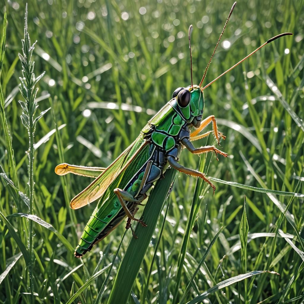 In the heart of a sun-drenched meadow, a grasshopper stands ...