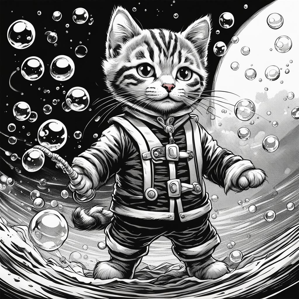 Style of Tenniel,a black and white drawing of a tabby kitten...