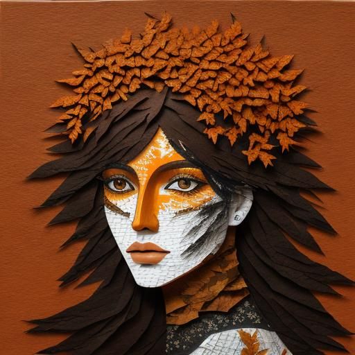 textured torn paper art. Autumn trees blended with a woman's head, orange, red, brown mood