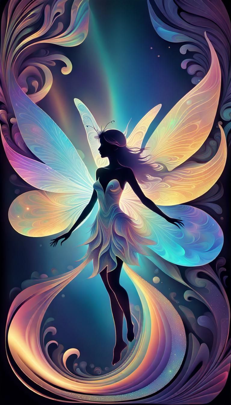 Holographic Fairy Silhouette in Abstract Shimmering Art