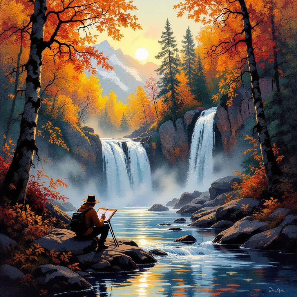A lone traveler sketches by a mountain cascade, surrounded by a hidden waterfall and glowing autumn ...  by @Miriam