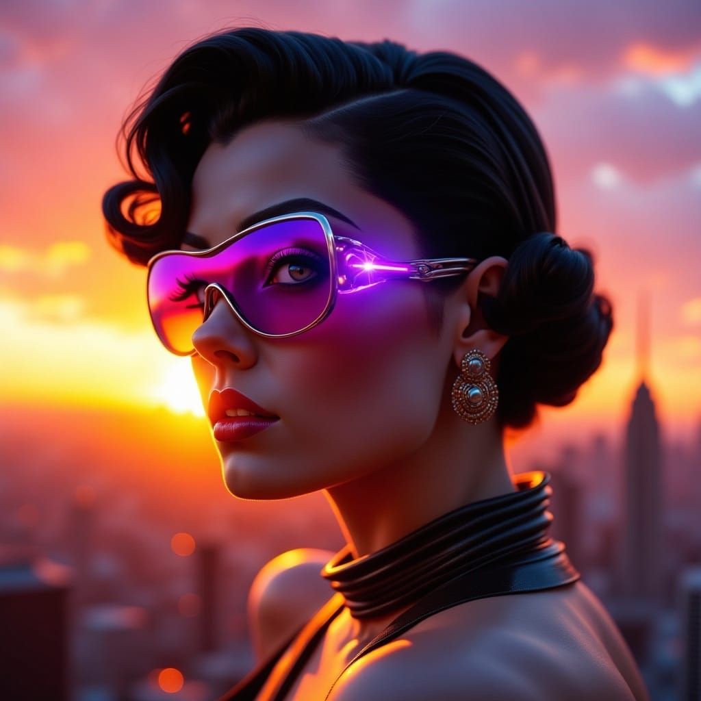 <lora:Pin-up flux:1.0>  A stunning sci-fi cyberpunk pinup, black hair, purple sunglasses, sunset background, absurdres, soft god rays, foreg...
