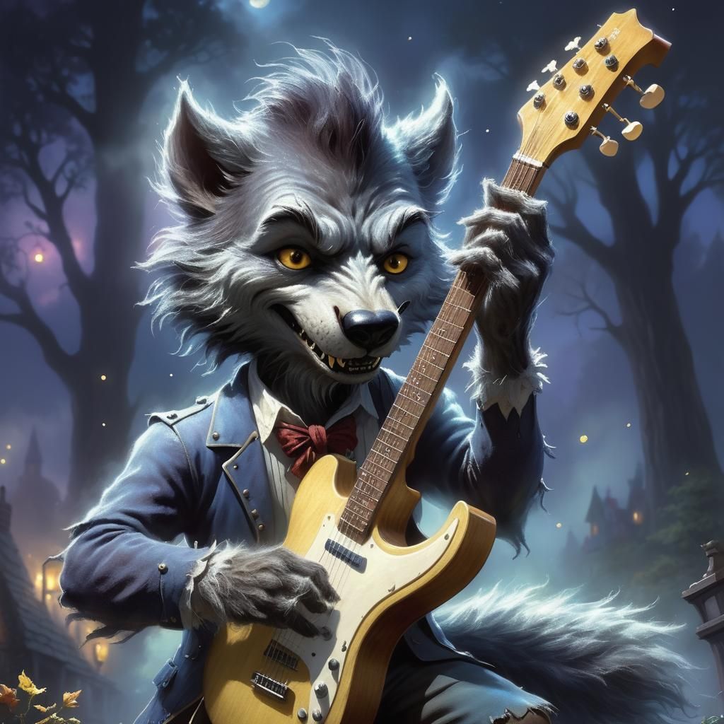 Happy werewolf playing guitar