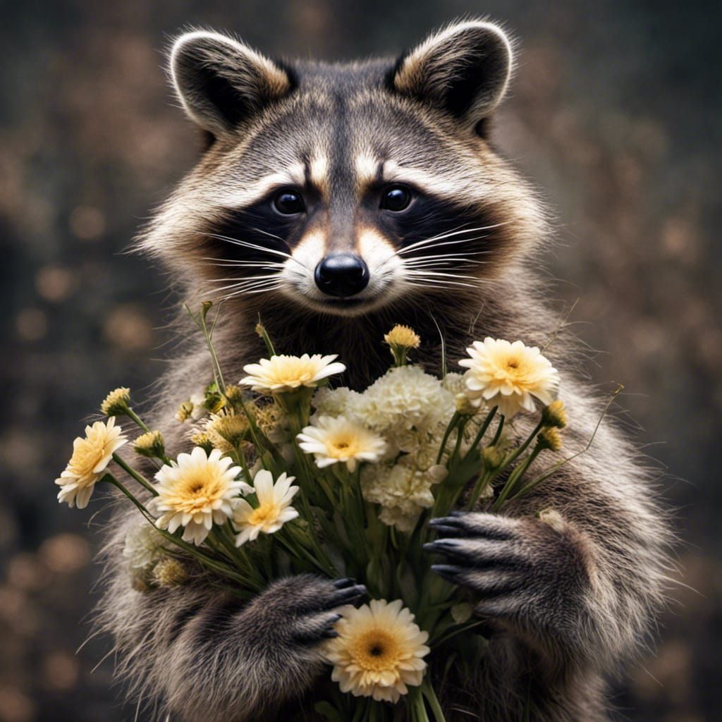 raccoon holding flowers intricate details, HDR, beautifully shot ...