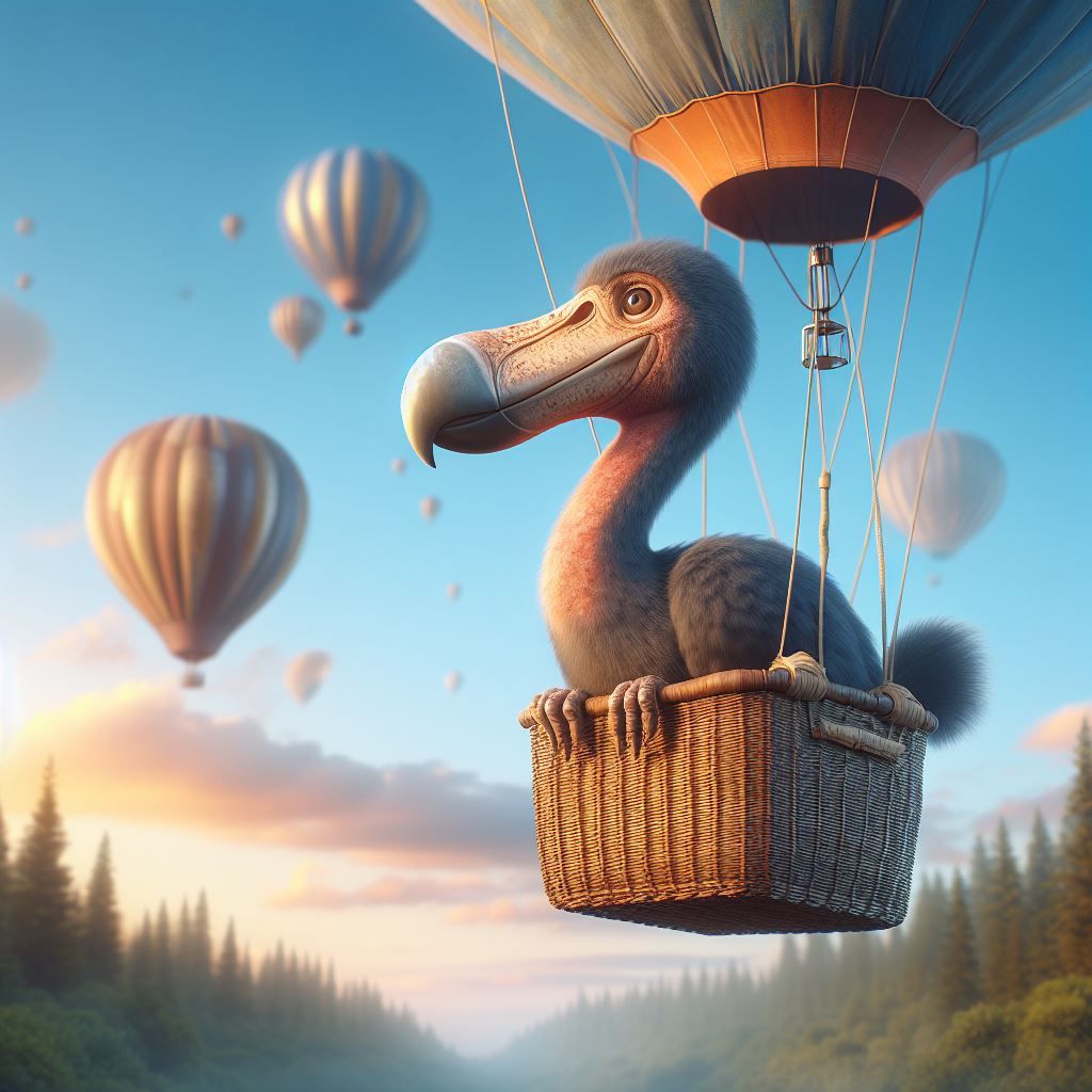 Dodo bird riding in a hot air balloon