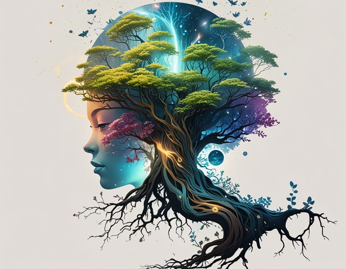 Create an abstract image of a tree with magical properties, featuring glowing leaves and floating roots that exude mystical energy. The tree...