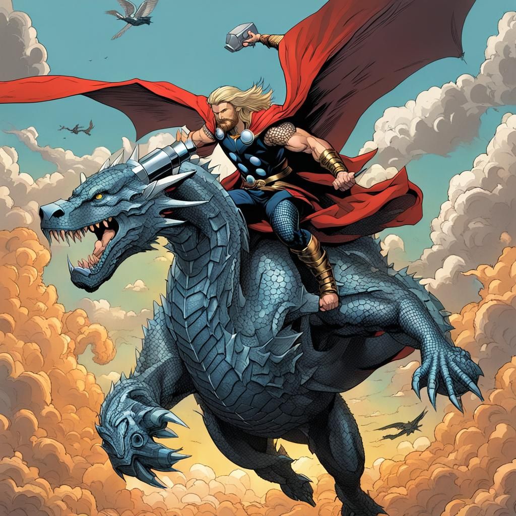 Thor flying on a dragon - AI Generated Artwork - NightCafe Creator