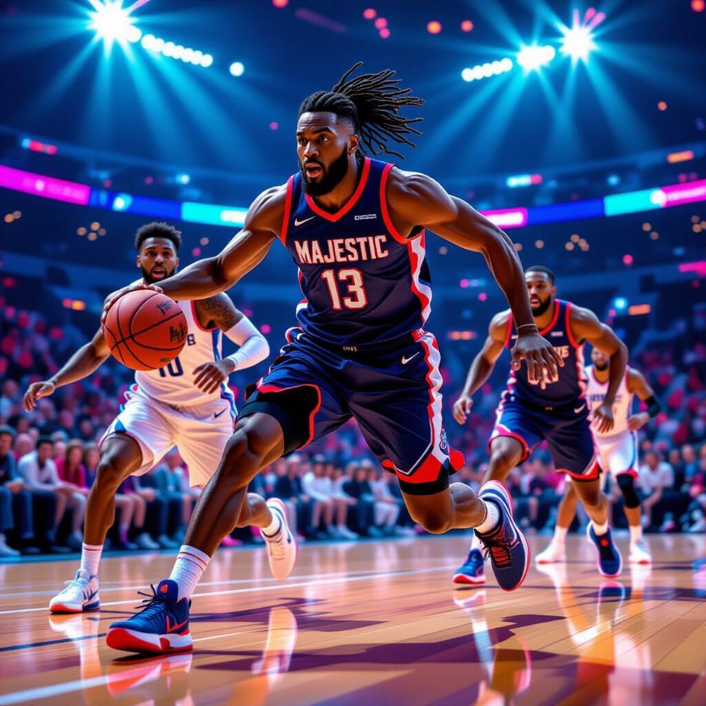 Majestic basketball team in dynamic action, wearing sleek jerseys and sneakers, set against a vibrant ...  by @PeteArtwork