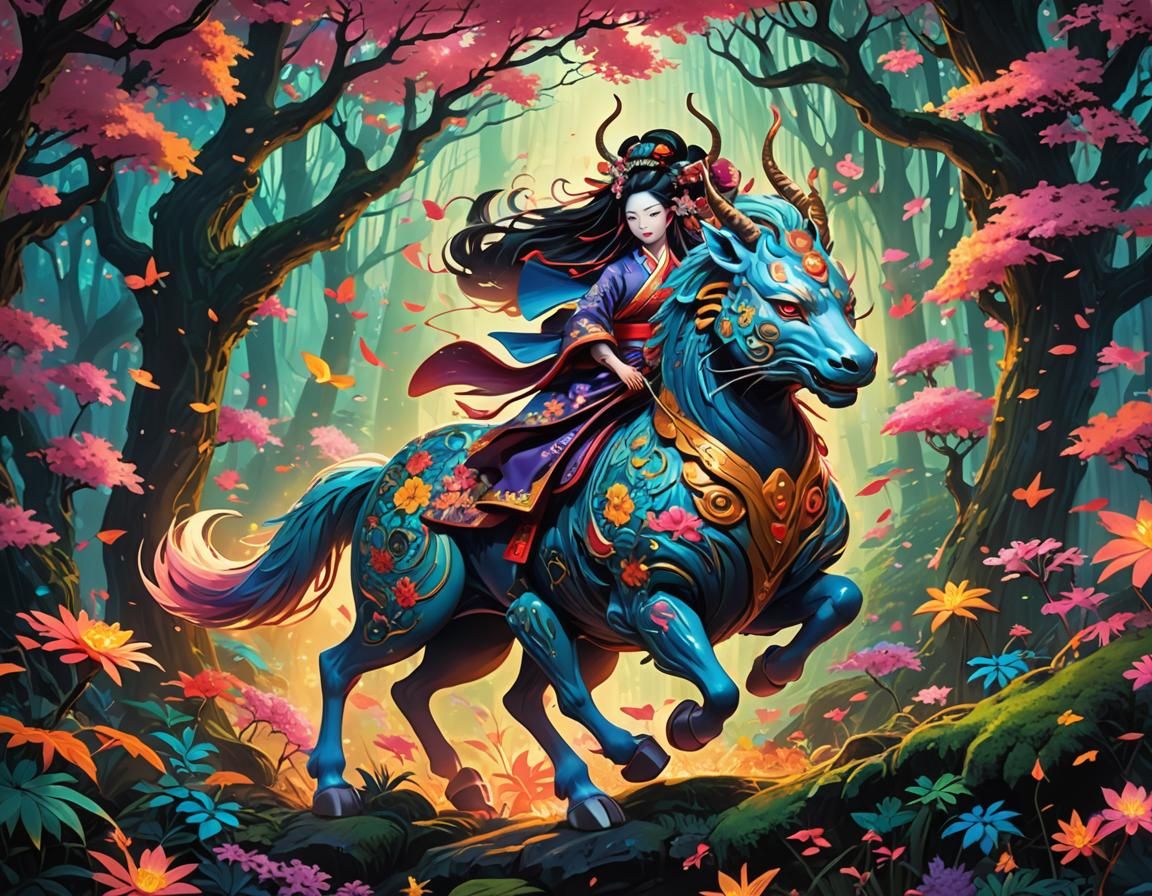 (Insanely detailed neon colored epic artwork of a geisha rid...