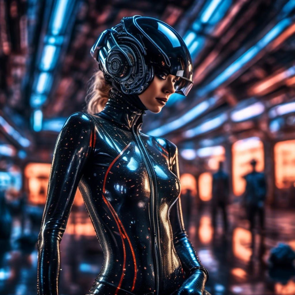<lora:Futuristic Glamor:1.0> Futuristic space woman, wearing tight liquid leather catsuit, body forming, unzipped front, hyperrealistic, ins...