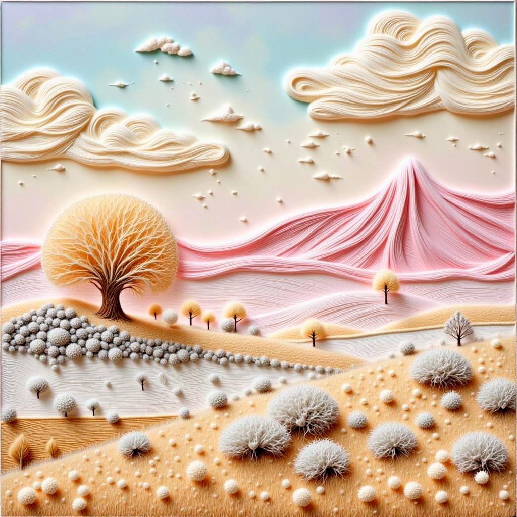 Realistic Colorado Landscape with Collage and Crochet Textur...