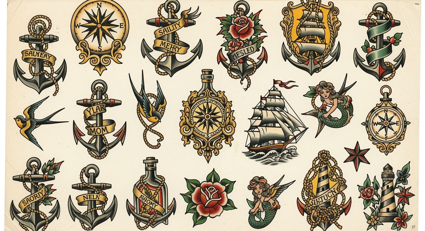 a sheet of traditional tattoo designs featuring various nautical elements. Anchors, ships, and compasses are rendered wi...