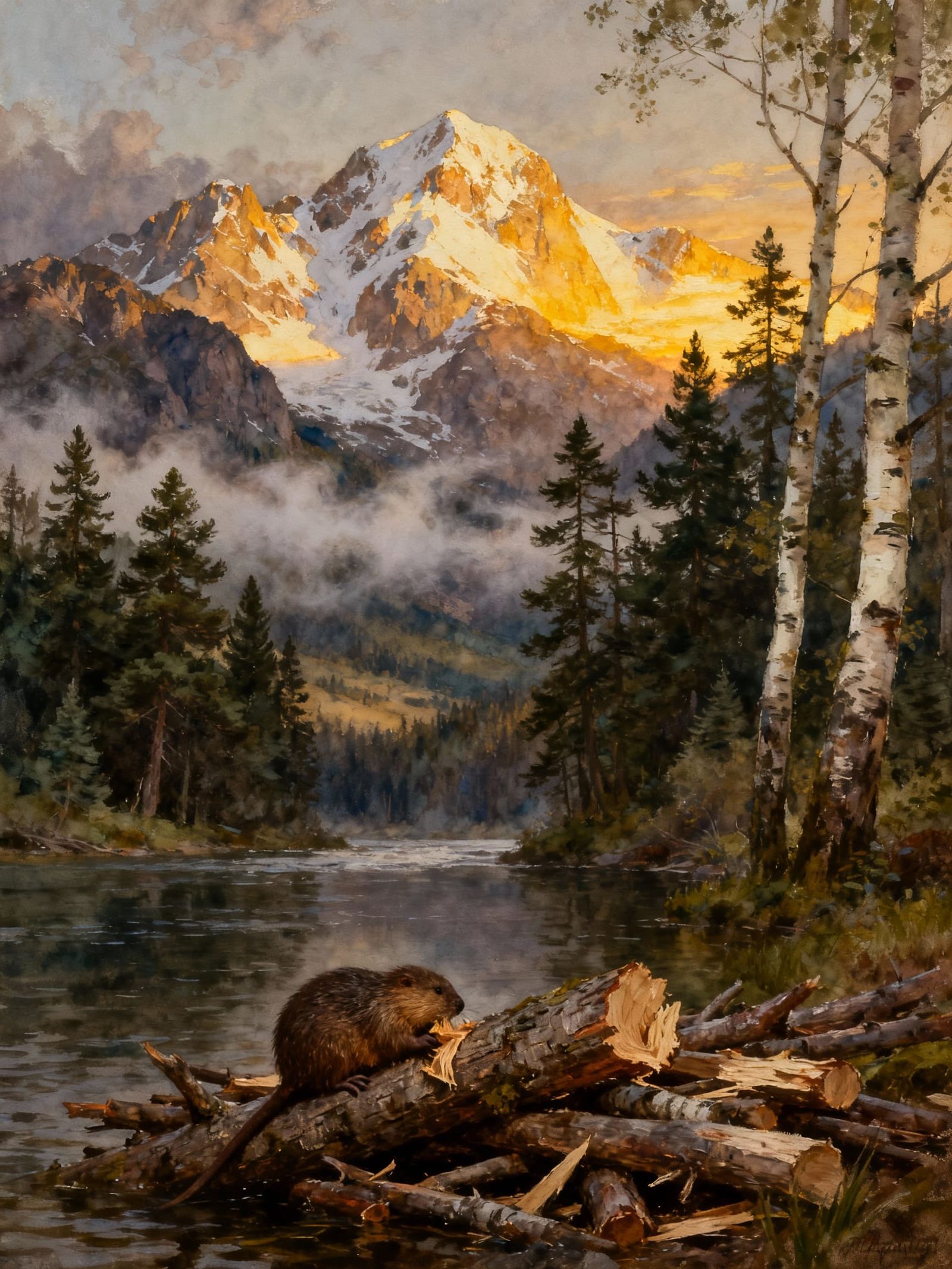 Majestic Mountain Range & River at Dawn, with Beavers Working & Mist Swirling.  by @BBlue