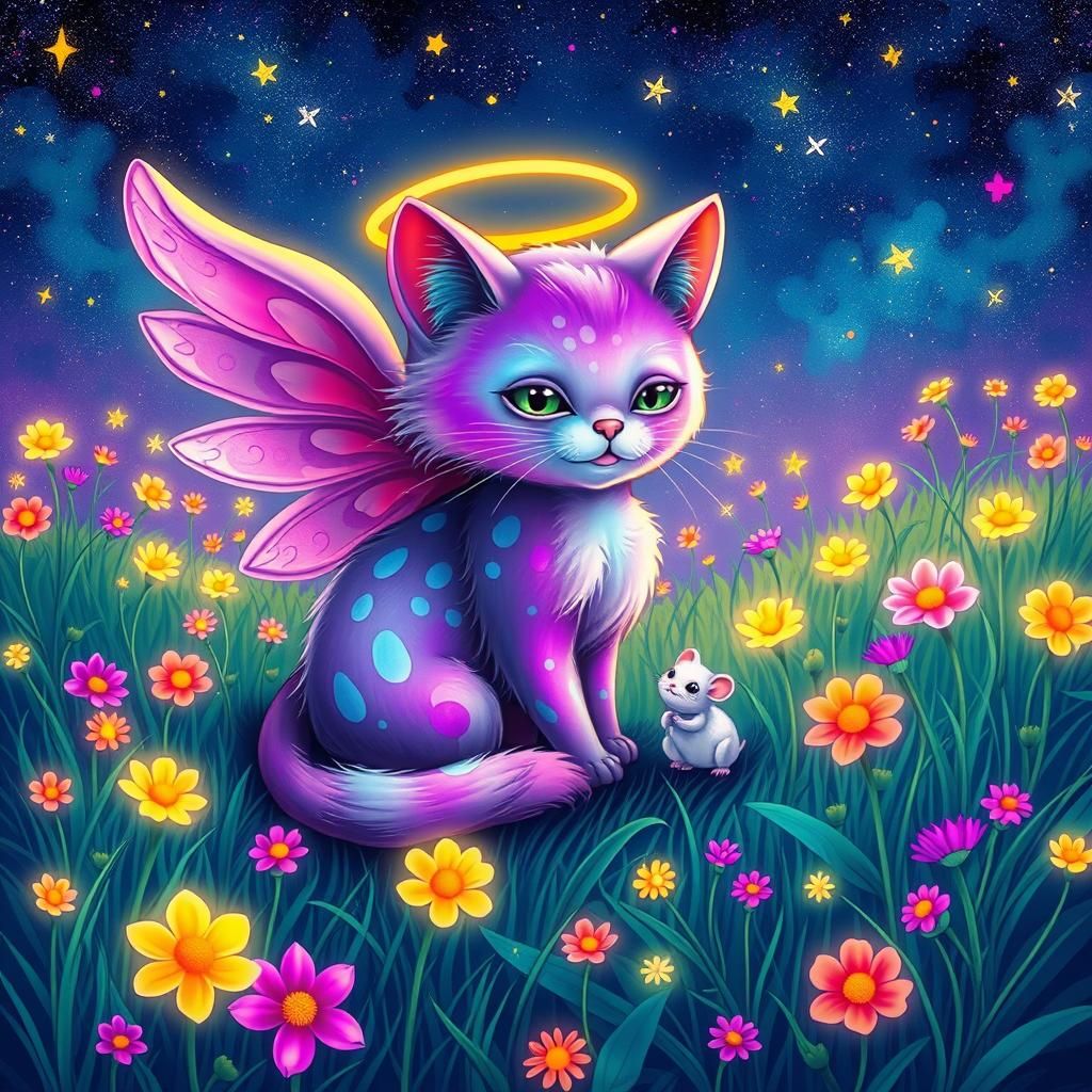 Cosmic purplegreen psychedelic Angel cat and cute mouse frie...