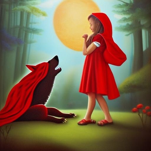 Little Red riding hood with a wolf, amazingly hyperdetailed,...