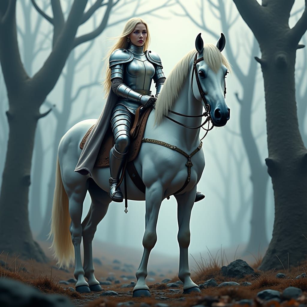 A white horse standing in an ancient forest, with a Caucasian woman on its back. The woman has armor, like a knight. Her eyes are violet in...