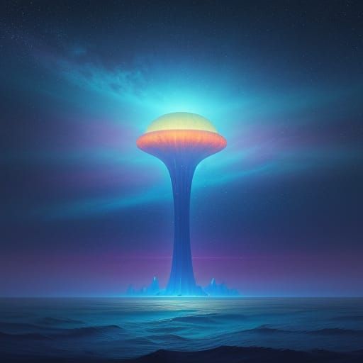 Digital artwork. A surreal landscape where giant, glowing fruits float in a dreamlike sky above a cosmic ocean. A lone starship navigates th...