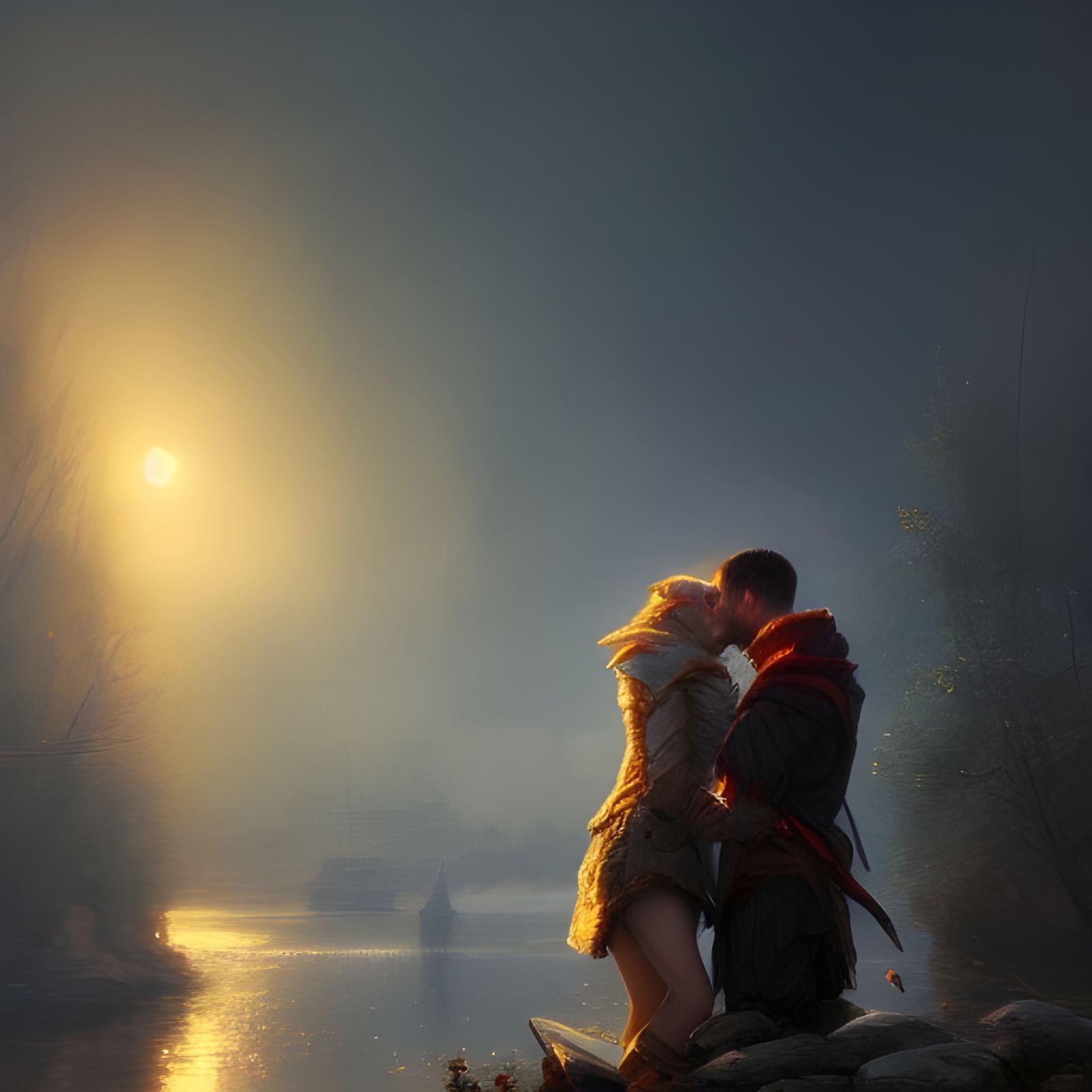 Two lovers kissing in the night, radiant romantic fantasy la...