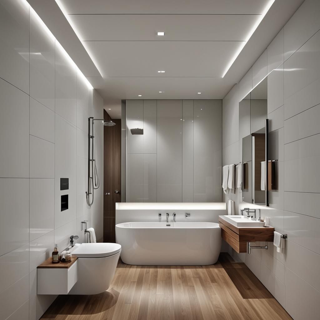 Richard Meier style bathroom. White polished finishes with w...