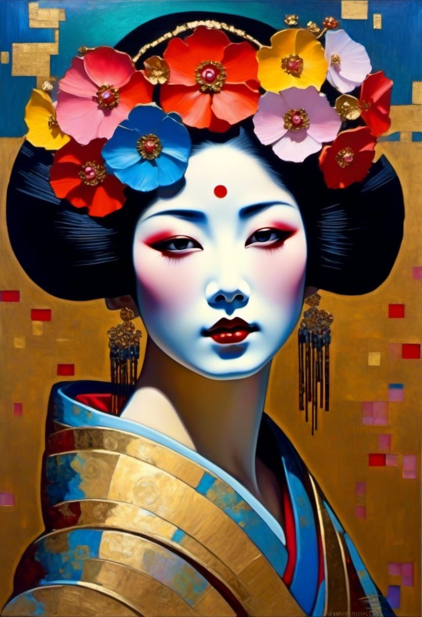 Geisha Japanese woman with cherry blossom flower crown iridescent sparkling gold colorful neo impessionism Bohemian delicate hands, <lora:Au...