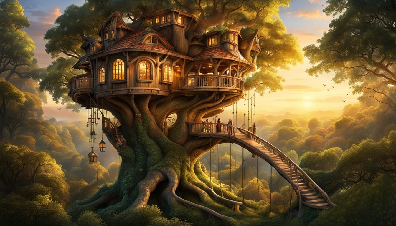 Treehouse nestled high in the branches of a majestic, ancient tree ...