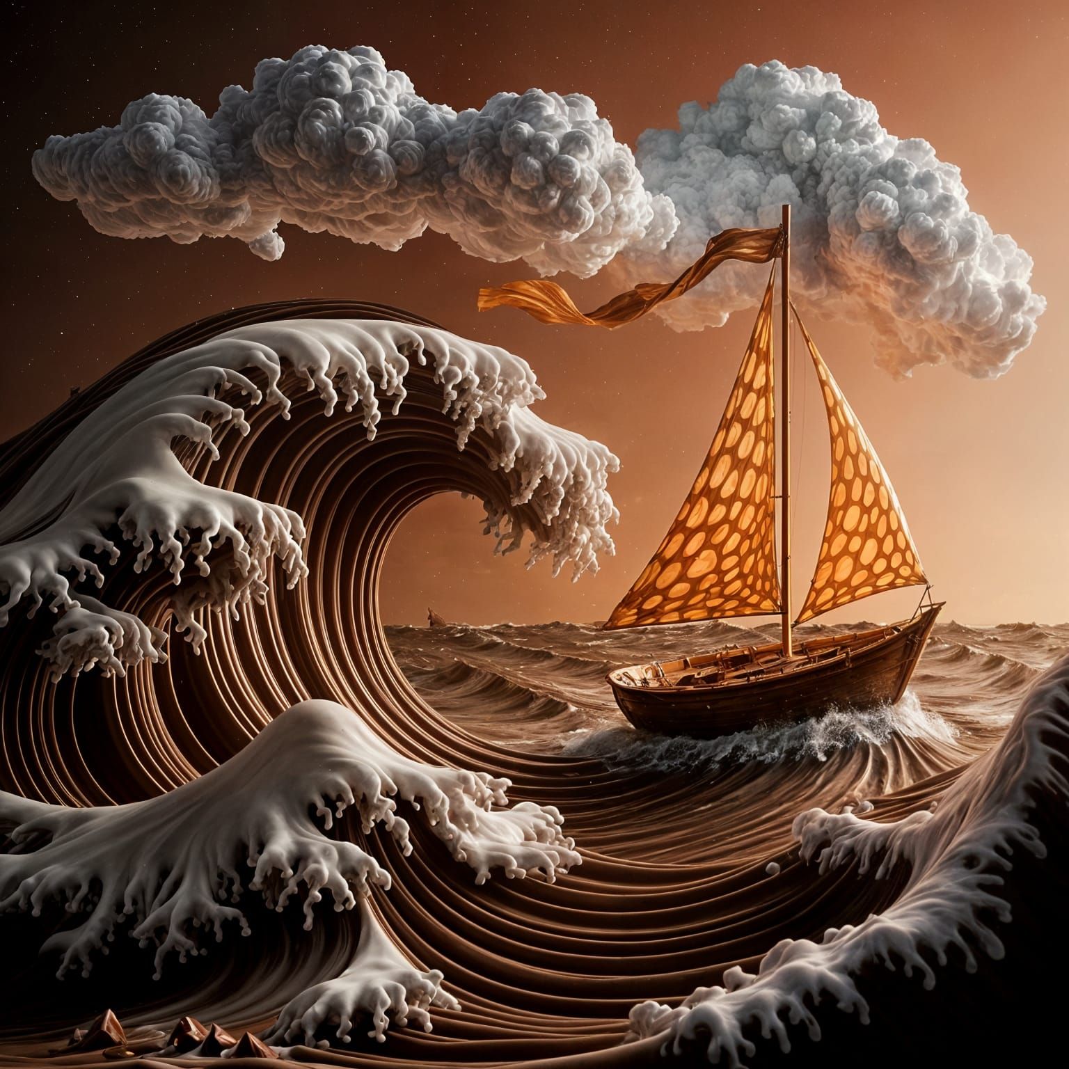 A terrible storm rages over a vast chocolate ocean, waves rising and crashing with dark, glossy swirls. ...  by @Schoor