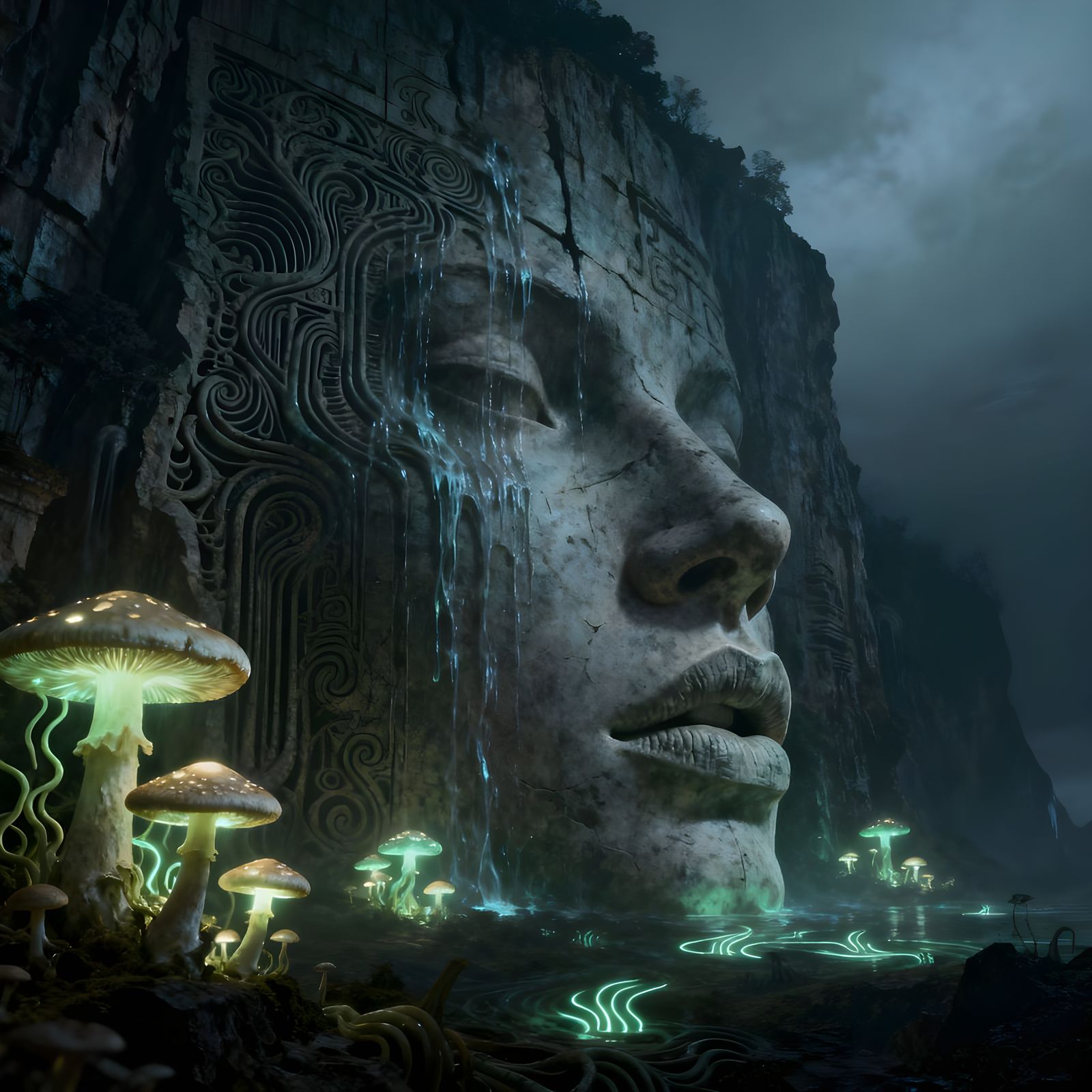 Ancient Cliff Carvings with Bioluminescent Mushrooms and Whi...