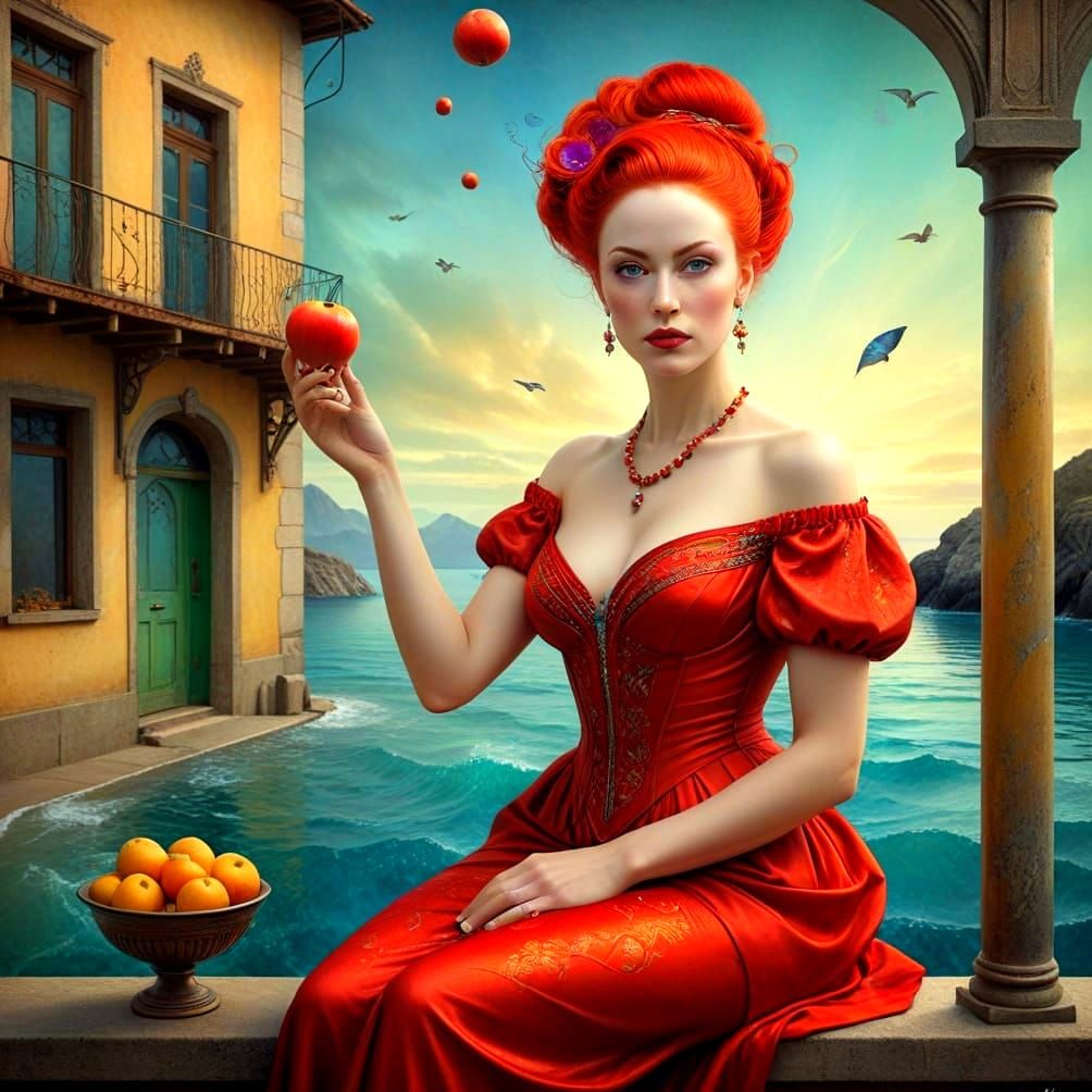 Surreal Portrait of Elegant Woman in Vibrant Scene