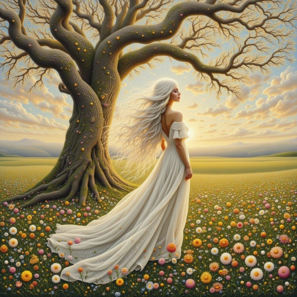 Ethereal Woman in Lace by Ancient Tree in Golden Hour