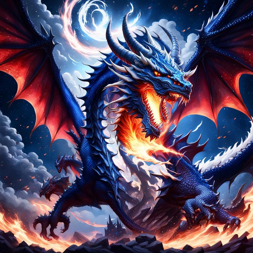 Huge blue-white dragon flying upwards, white-red fire spewing out of ...