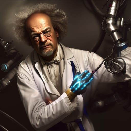 mad scientist ; Doc emmet brown ; White blouse ; half robot; 8k ...