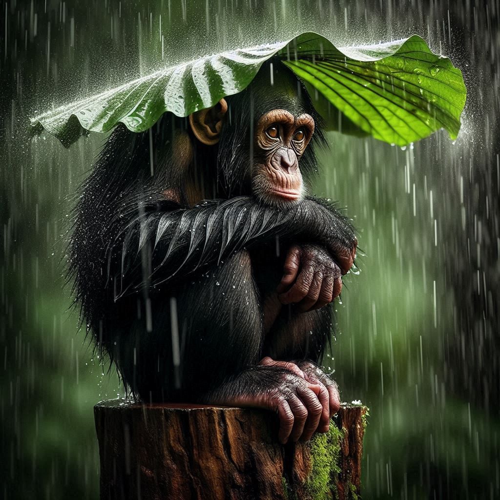 Chimpanzee under heavy rain