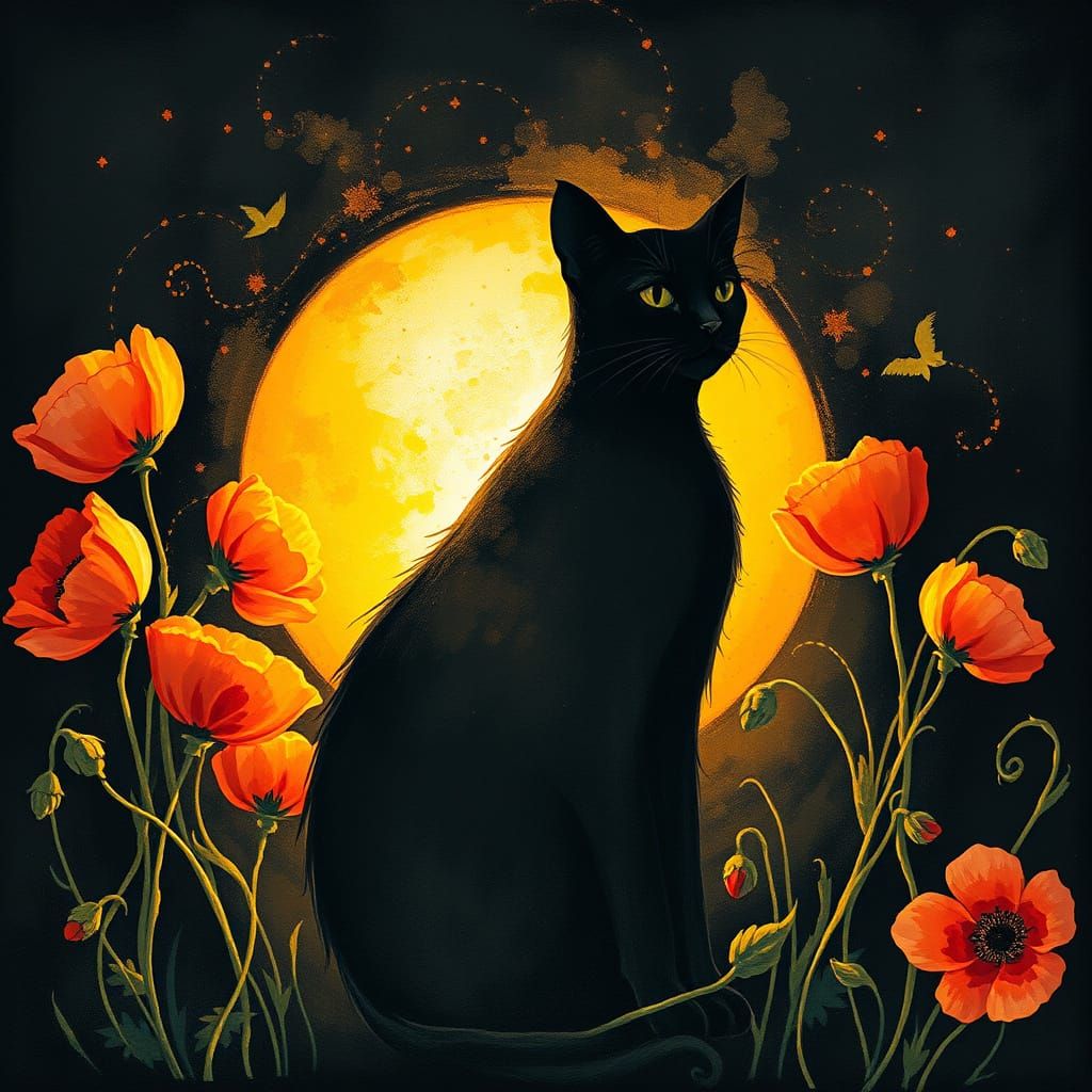 Ethereal Black Cat in Whimsical Poppies Landscape