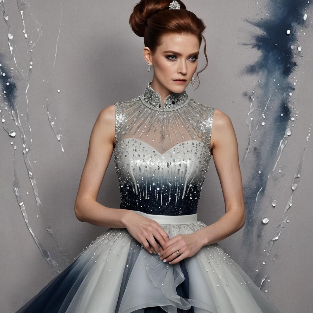 She wears a sleeveless square neckline dress with an encrust...