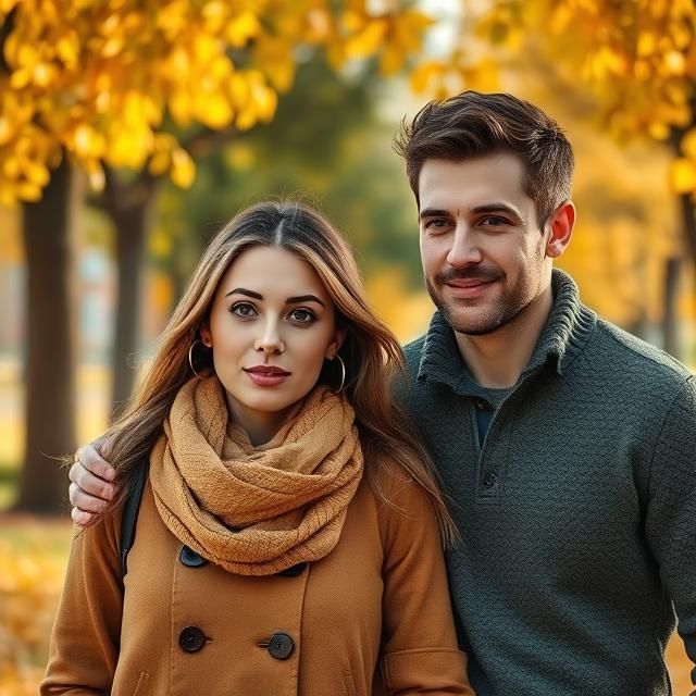 A couple walking through a park lined with golden leaves.