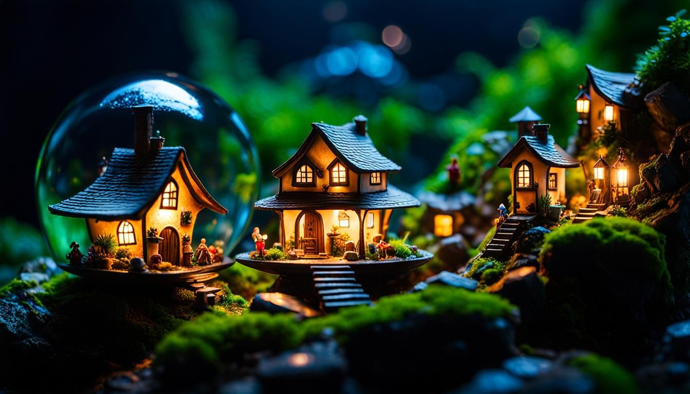 Tiny fairy village in a small terrarium with little elves! tiny standing houses at night!  little elves ...  by @ArtDreamer Selma
