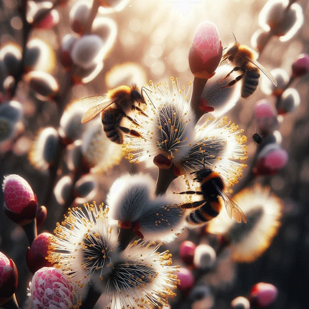 Blühende Weidekätzchen mit Bienen und Hummeln an einem schön...