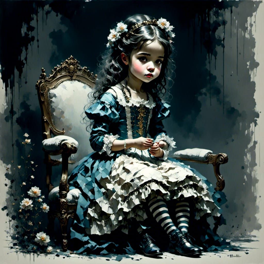 A sad little girl in a dark room