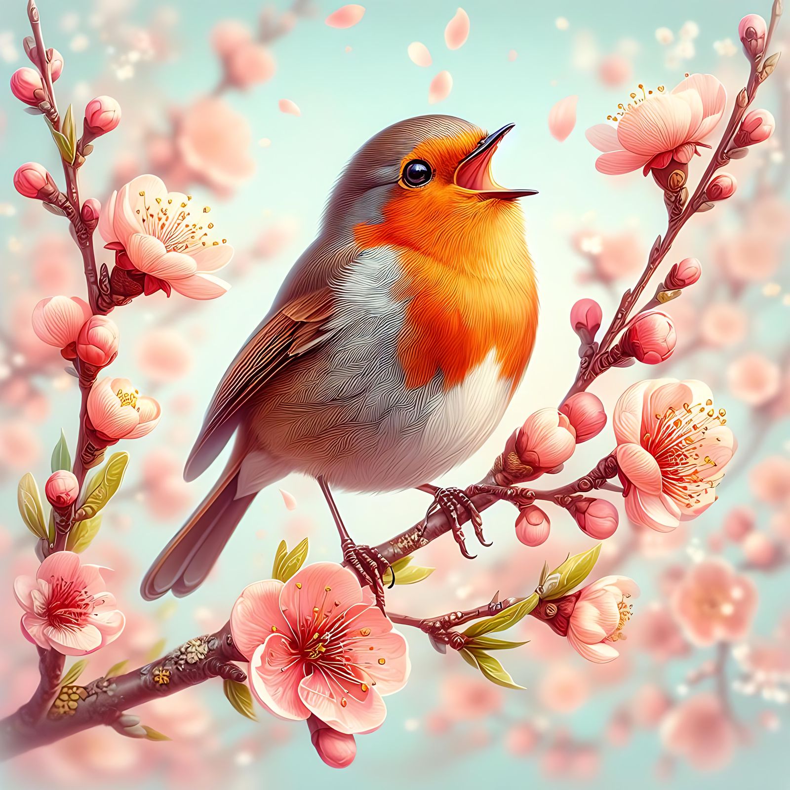 A Robin singing joyfully on the branch of a Peach tree in Bl...