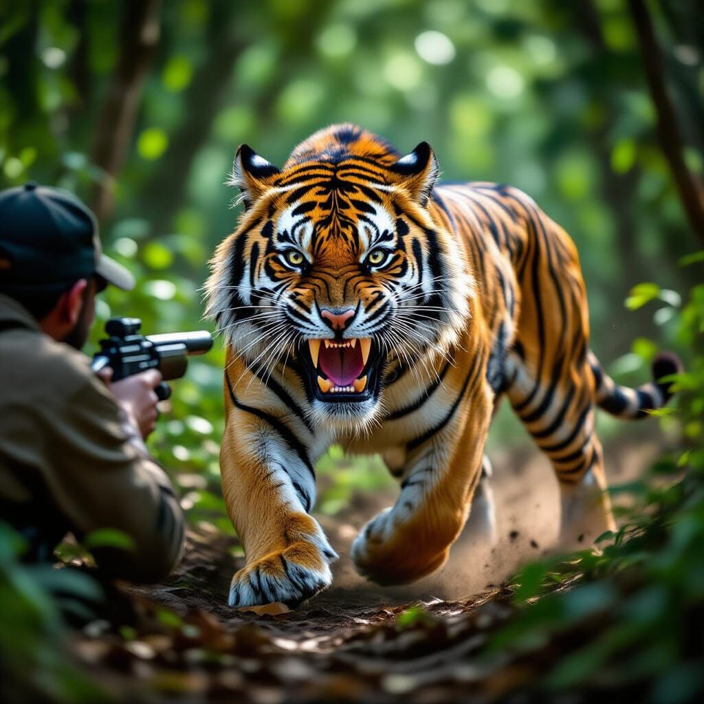 A tiger roaring and attacking a poacher.