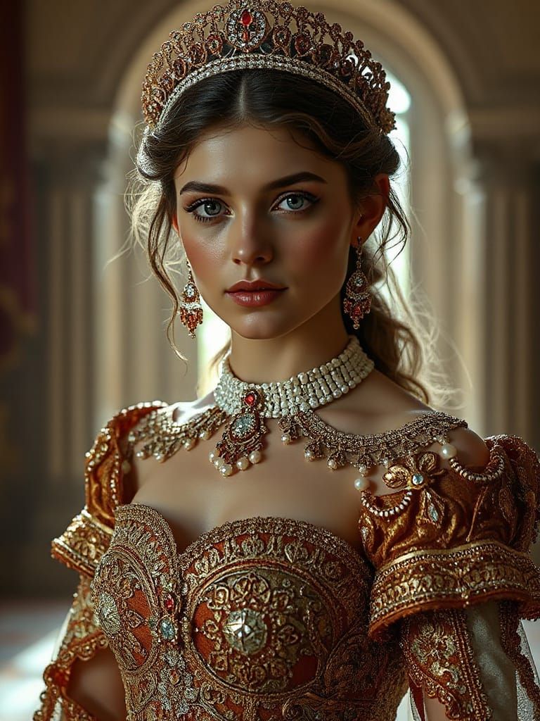 A regal princess in traditional royal attire with detailed embroidery and jewels.  by @Ima